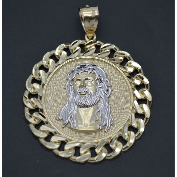 Real 10K Yellow Gold Jesus Head Curb Chain Frame Medallion Pendant 49.4mm 13.1gr - Picture 1 of 7